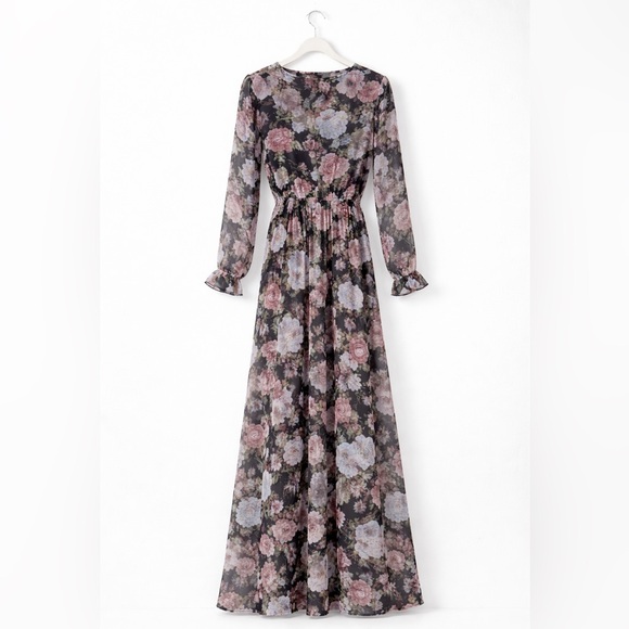 Everly Floral Surplice Maxi Dress | Long Sleeve Flowy Boho | Size L - Picture 3 of 9